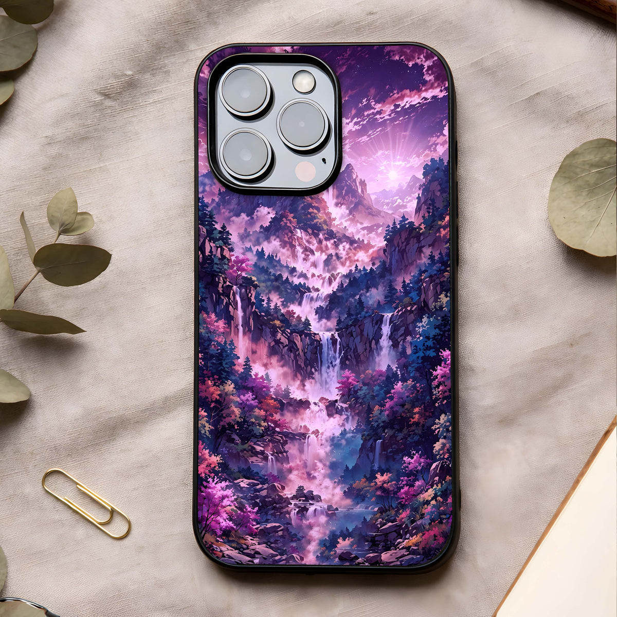 Mystic Cascade Peaks Glass Case showing full back design in clean flat view with cascading mountain scenery and glossy glass finish.
