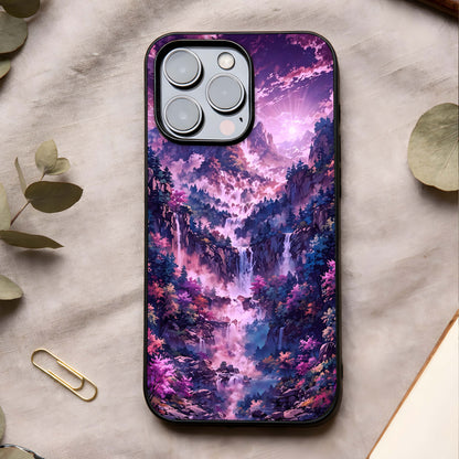 Mystic Cascade Peaks Glass Case showing full back design in clean flat view with cascading mountain scenery and glossy glass finish.
