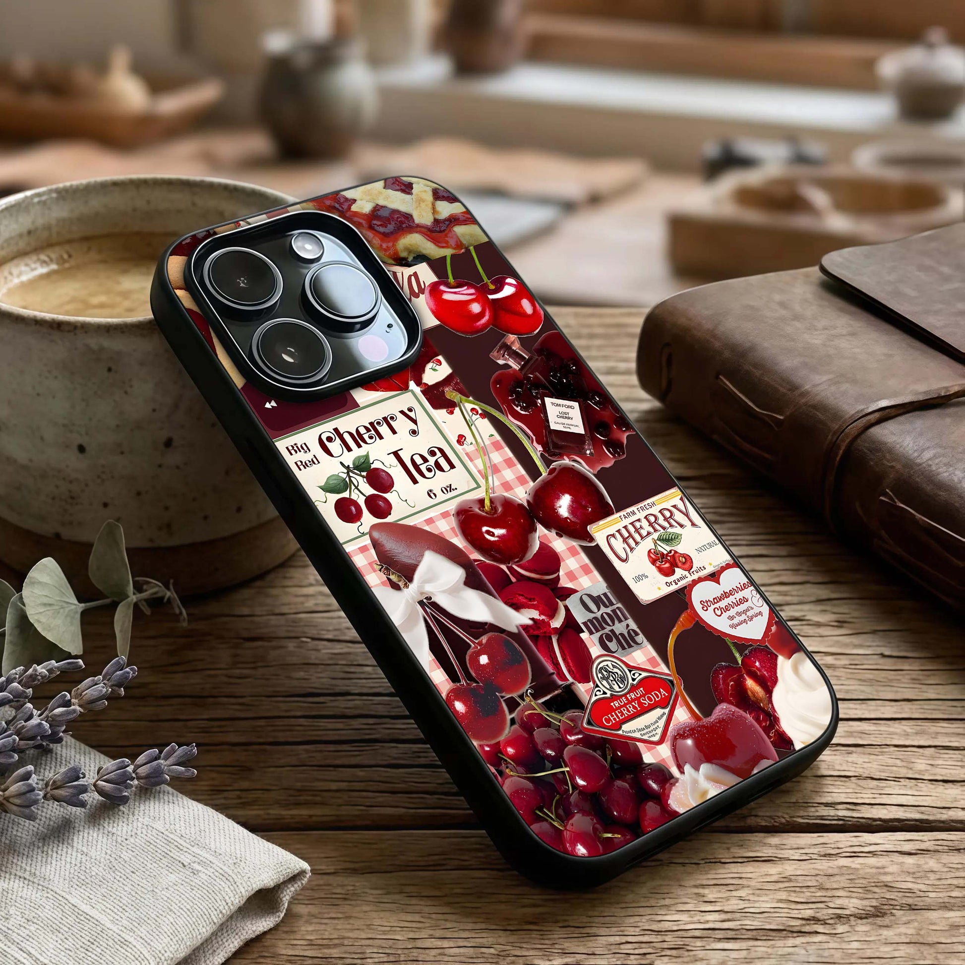 Aesthetic Cherry Tea Glass Case captured at a warm angle highlighting gloss, pastel texture, and refined edge clarity.