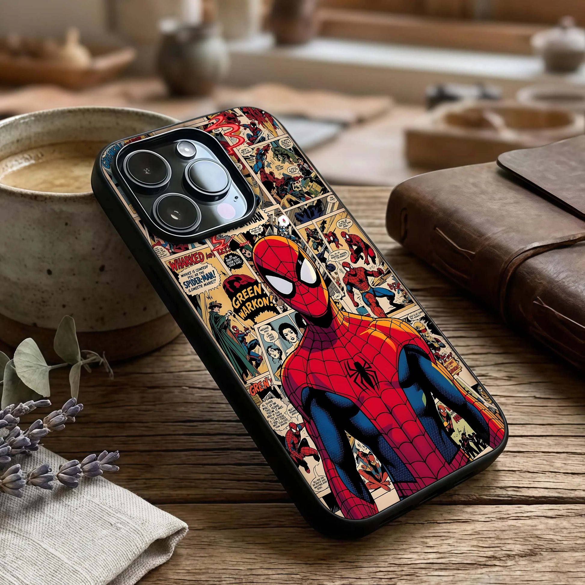 Aesthetic Spider Glass Case captured at a warm angle highlighting graphic texture, gloss, and edge clarity.
