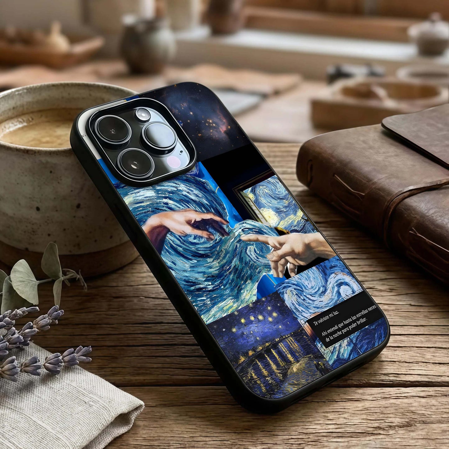 Aesthetic Vando Hands Glass Case captured at a warm angle highlighting abstract hands artwork, gloss, and edges.