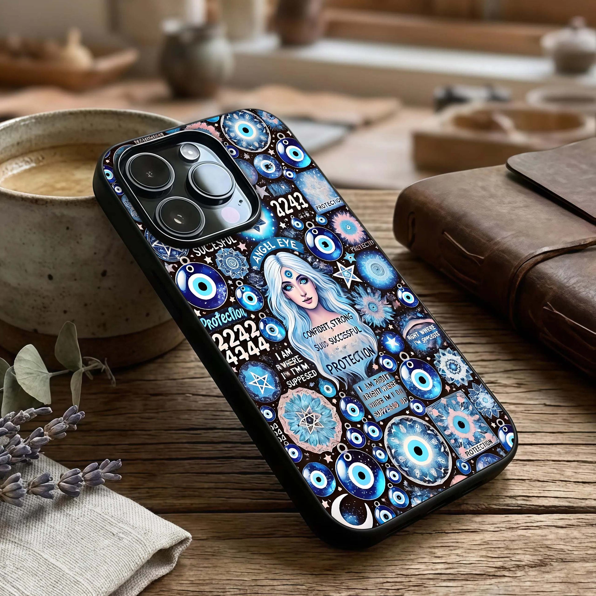 Angel Aura Shield Glass Case captured at a warm angle highlighting luminous texture, gloss, and smooth edges.