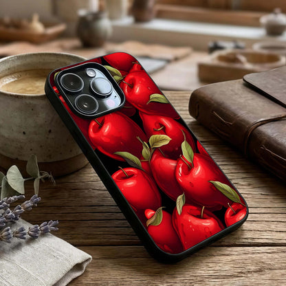 Apple Pattern Glass Case captured at a warm angle highlighting pattern consistency, gloss, and edge clarity.