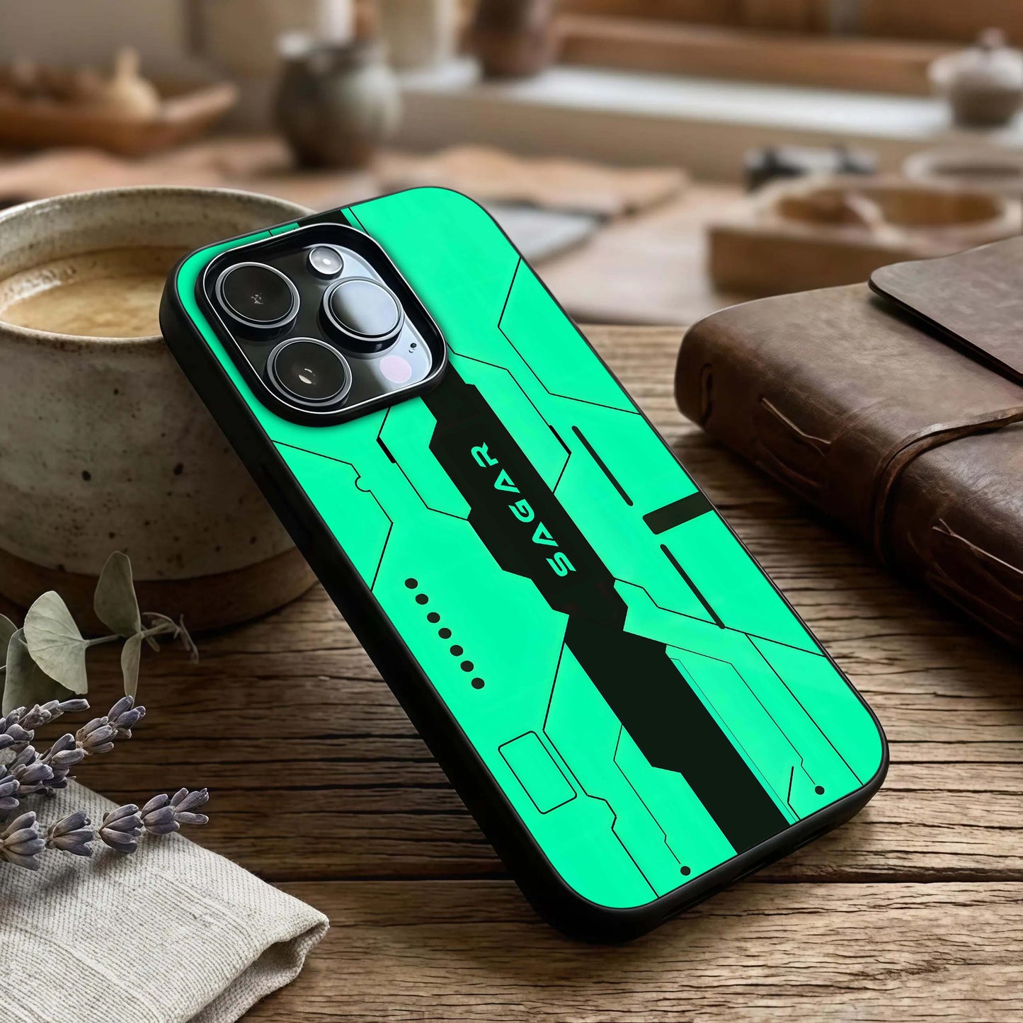 Aqua Tech CYBERPUNK Custom Name Glass Case captured at a warm angle highlighting cyber textures, gloss, and sharp edges.