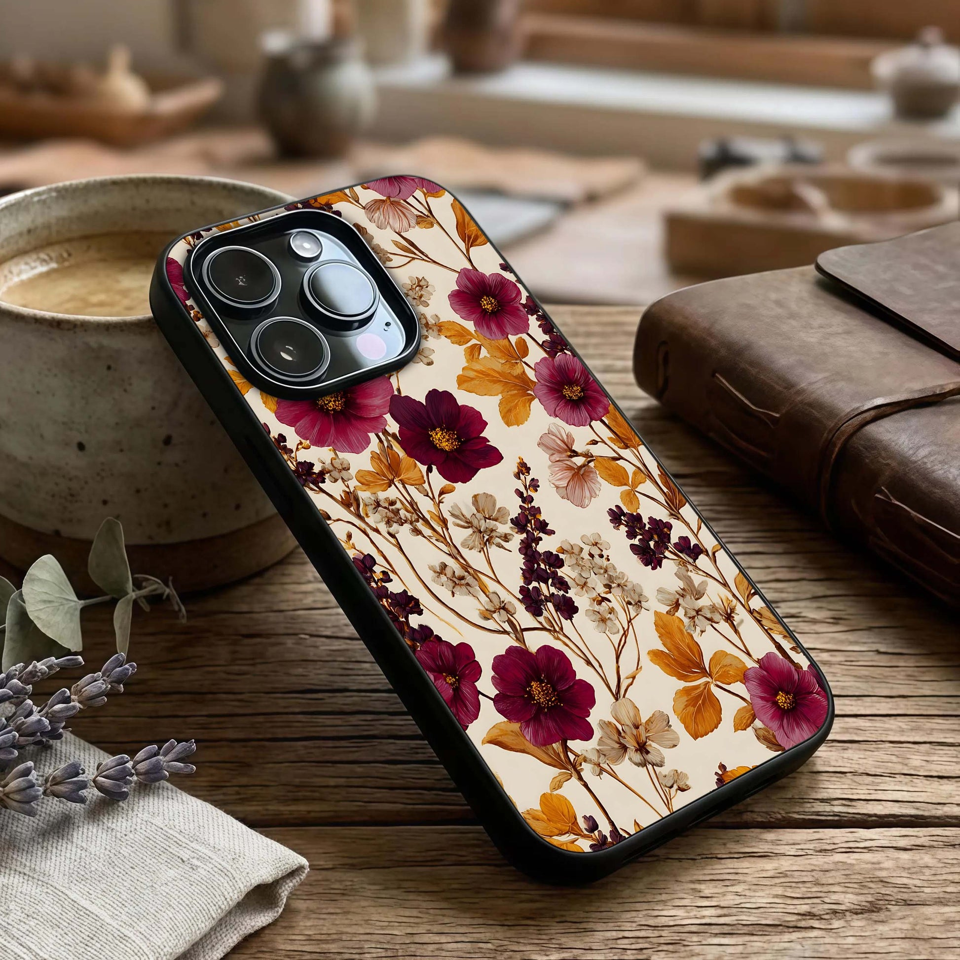 Autumn Wine Bloom Glass Case captured at a warm angle highlighting deep hues, gloss, and refined edges.