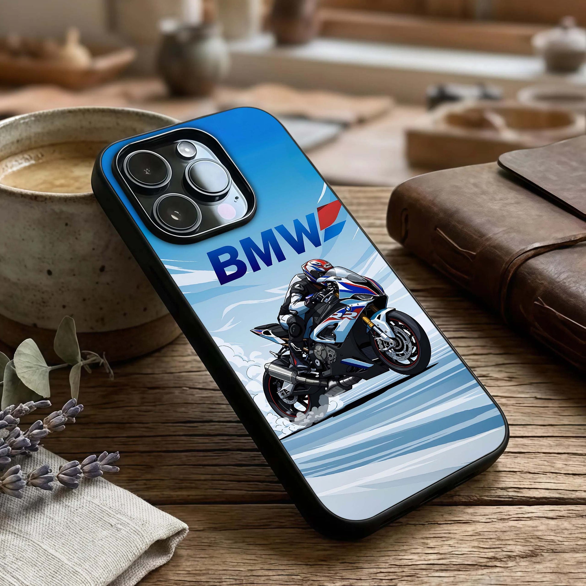 BMW Power Drift Glass Case captured at a warm angle highlighting aggressive lines, gloss, and edge clarity.