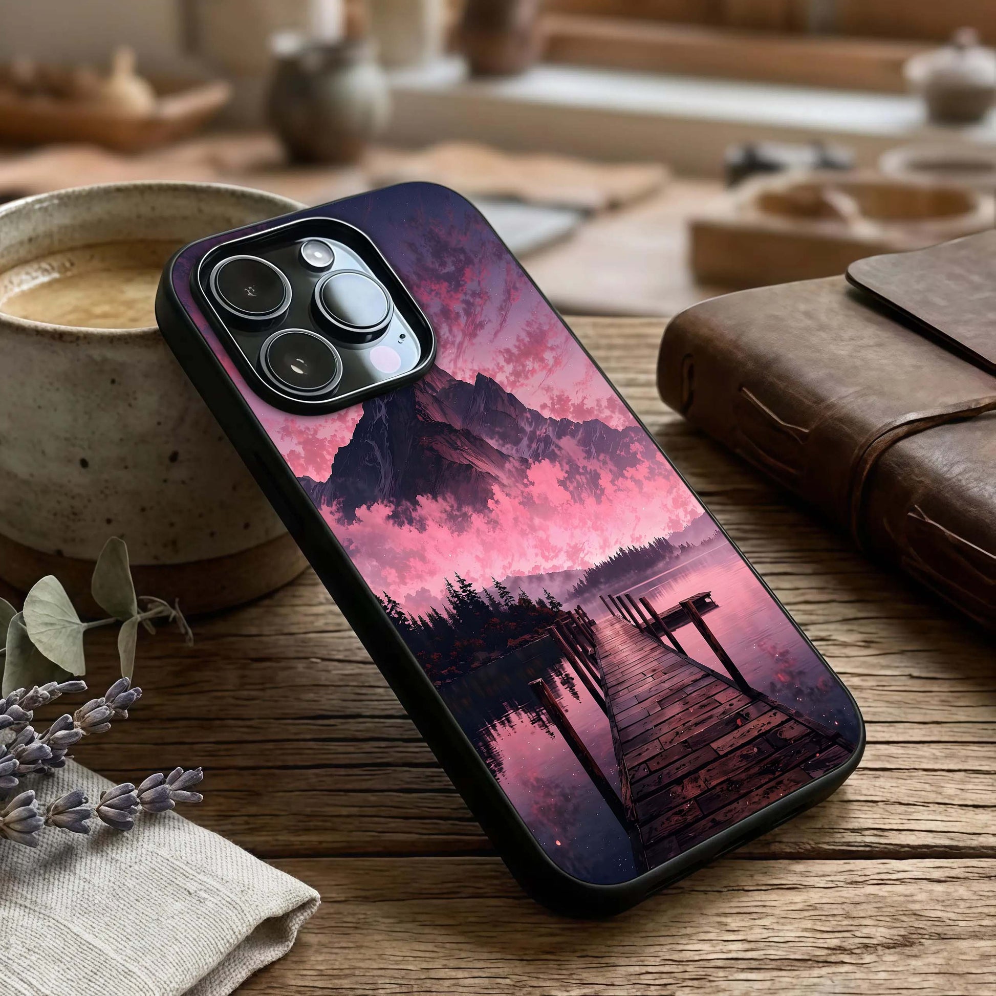 Beautiful Mountain View Glass Case captured at a warm angle highlighting terrain texture, gloss, and edge clarity.