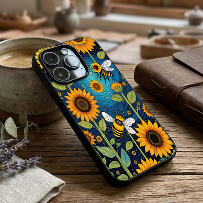 Bees & Sunflowers Glass Case captured at a warm angle highlighting natural textures, gloss, and edge clarity.