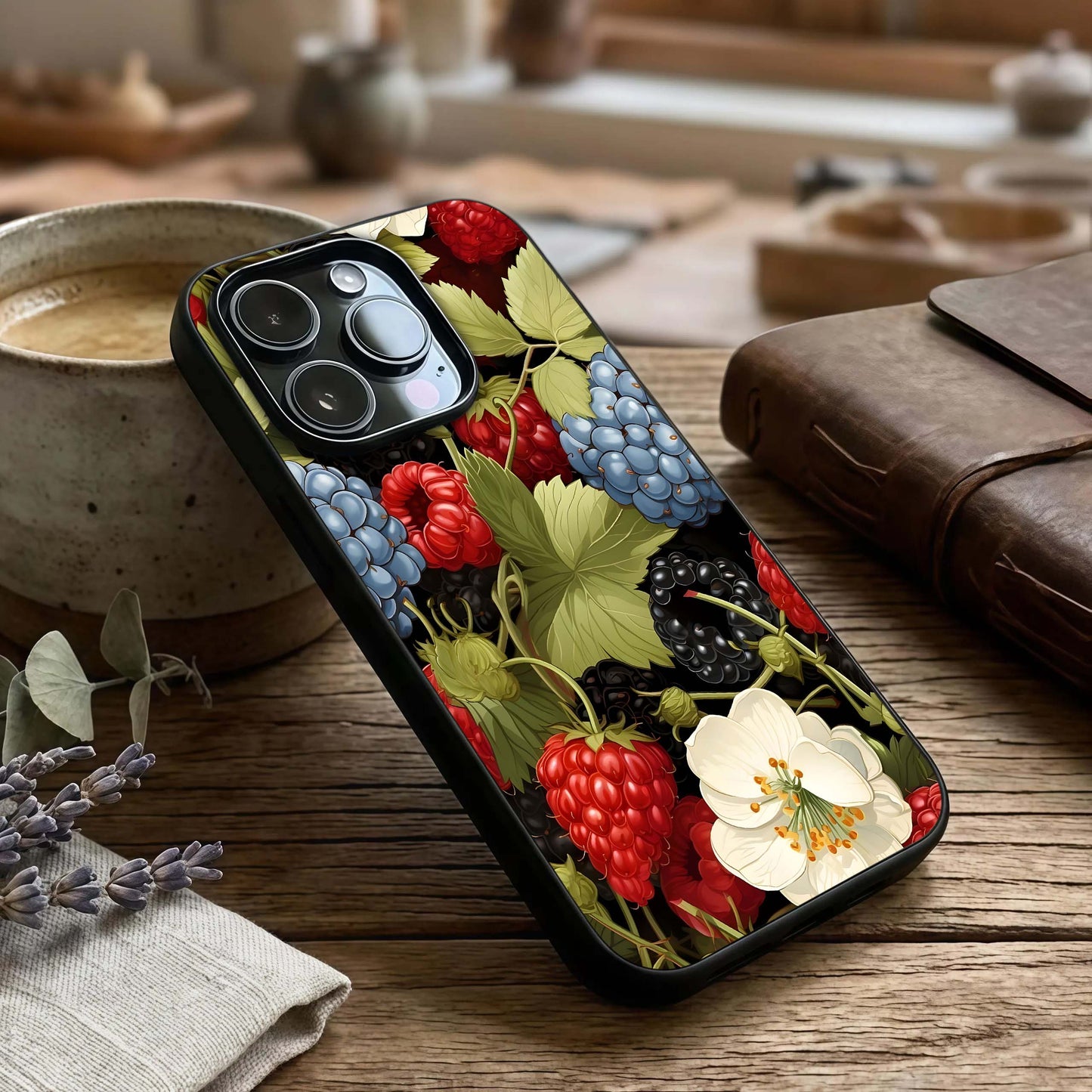 Berry Bloom Charm Glass Case captured at a warm angle highlighting soft colors, gloss, and smooth edges.