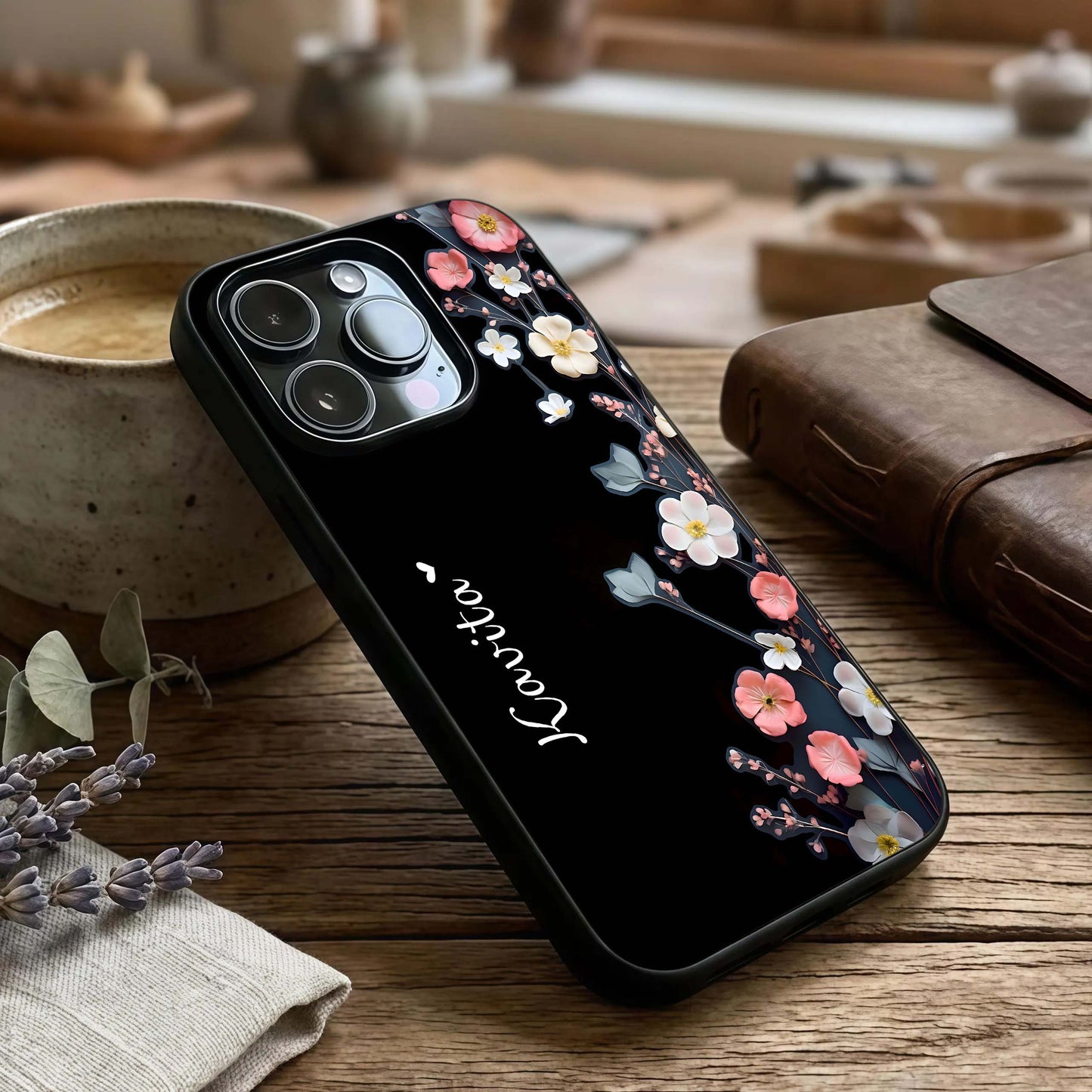Black Elegance Floral Custom Name Glass Case captured at a warm angle highlighting refined florals, gloss, and crisp edges.