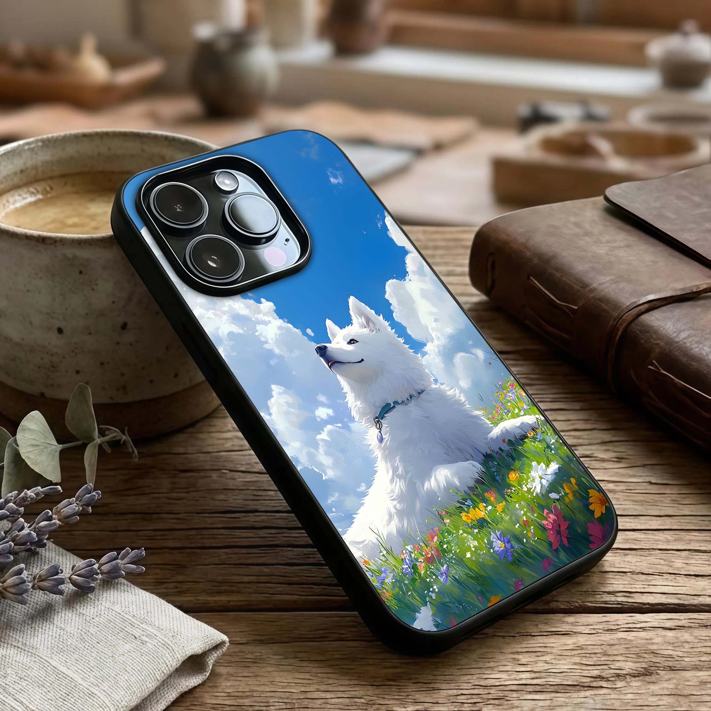 Blissful Cloud Pup Glass Case captured at a warm angle highlighting gentle tones, gloss, and edge clarity.
