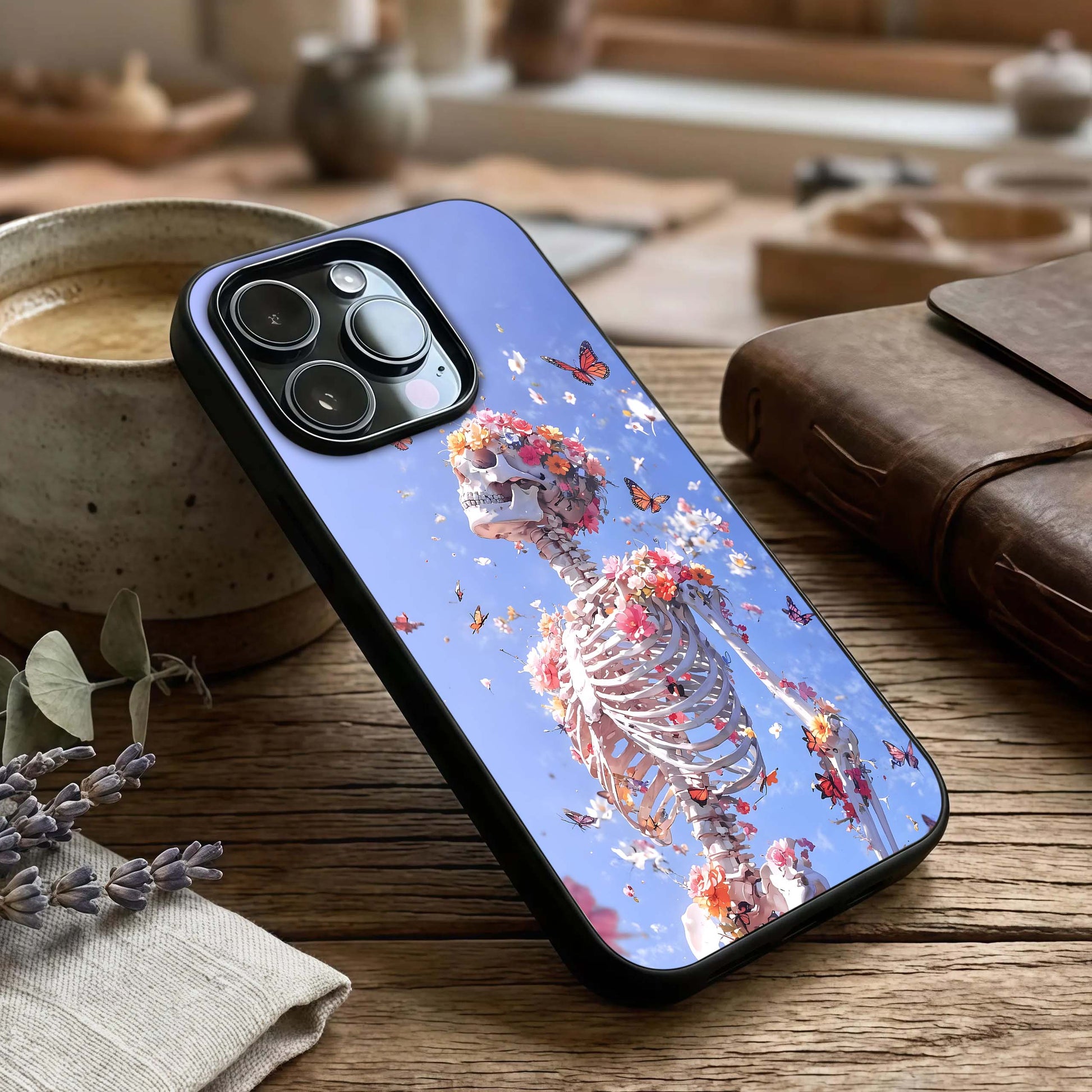 Bloom Beyond Bones Glass Case captured at a warm angle highlighting contrast details, gloss, and edge clarity.