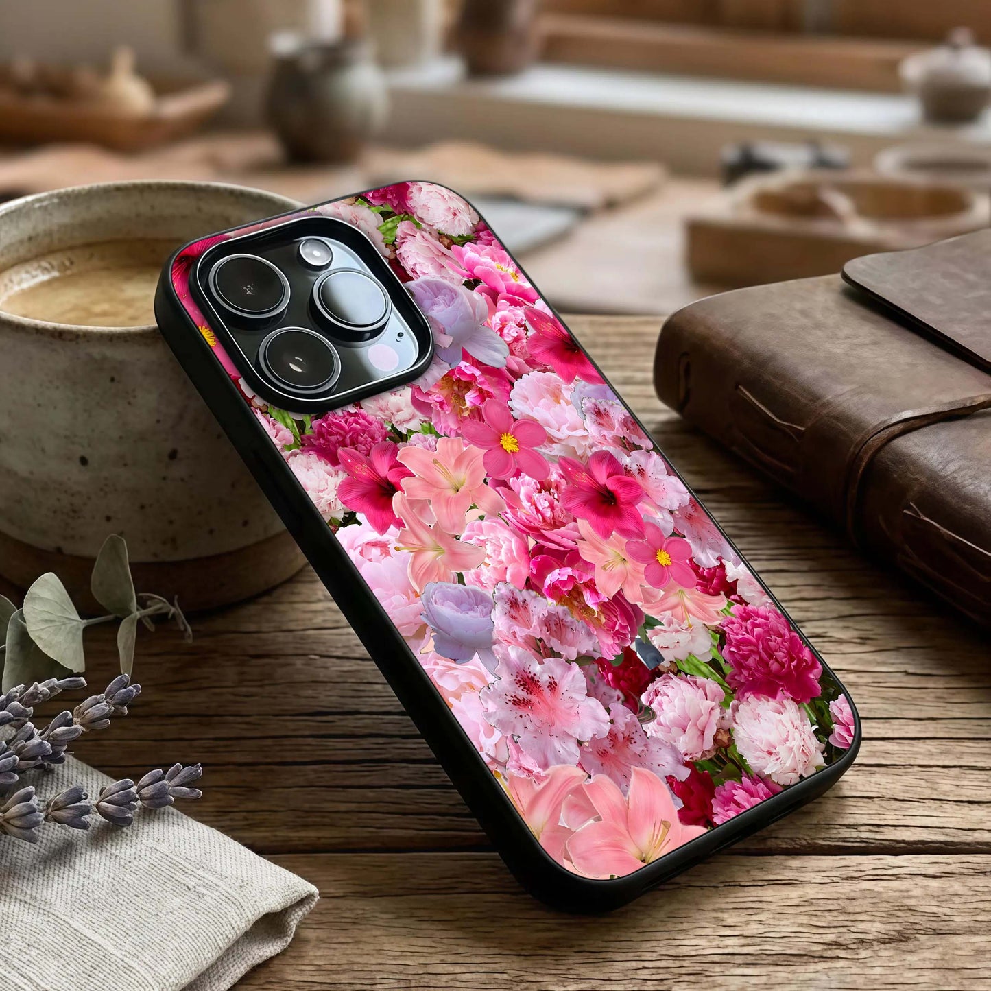 Bloom Crush Fantasy Glass Case captured at a warm angle highlighting colorful textures, gloss, and edge clarity.