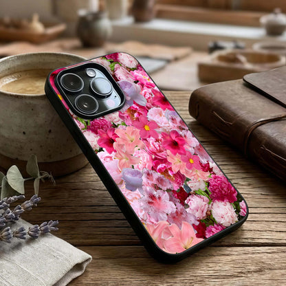 Bloom Crush Fantasy Glass Case captured at a warm angle highlighting colorful textures, gloss, and edge clarity.