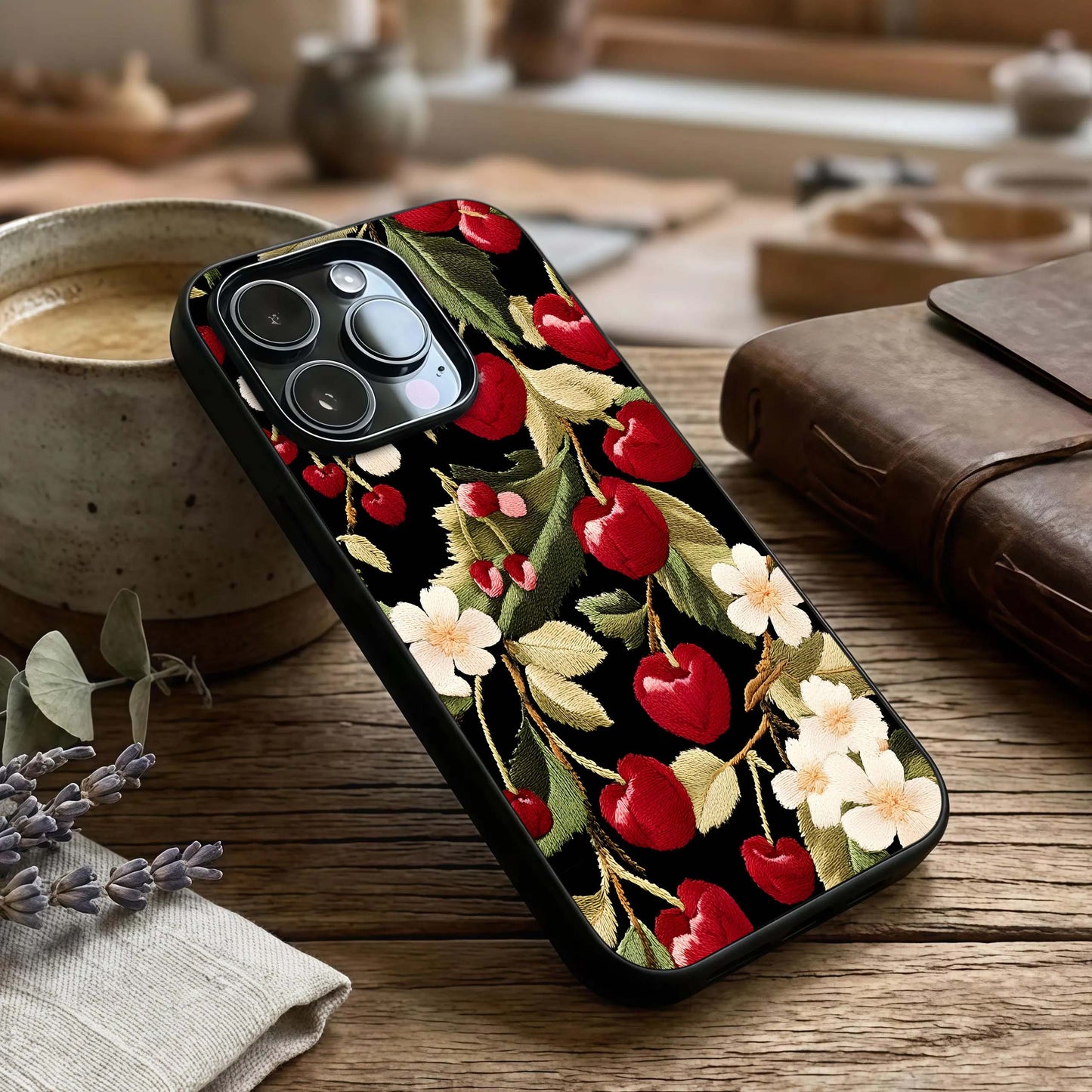Bloom Thread Art Glass Case captured at a warm angle highlighting fine textures, gloss, and edge clarity.