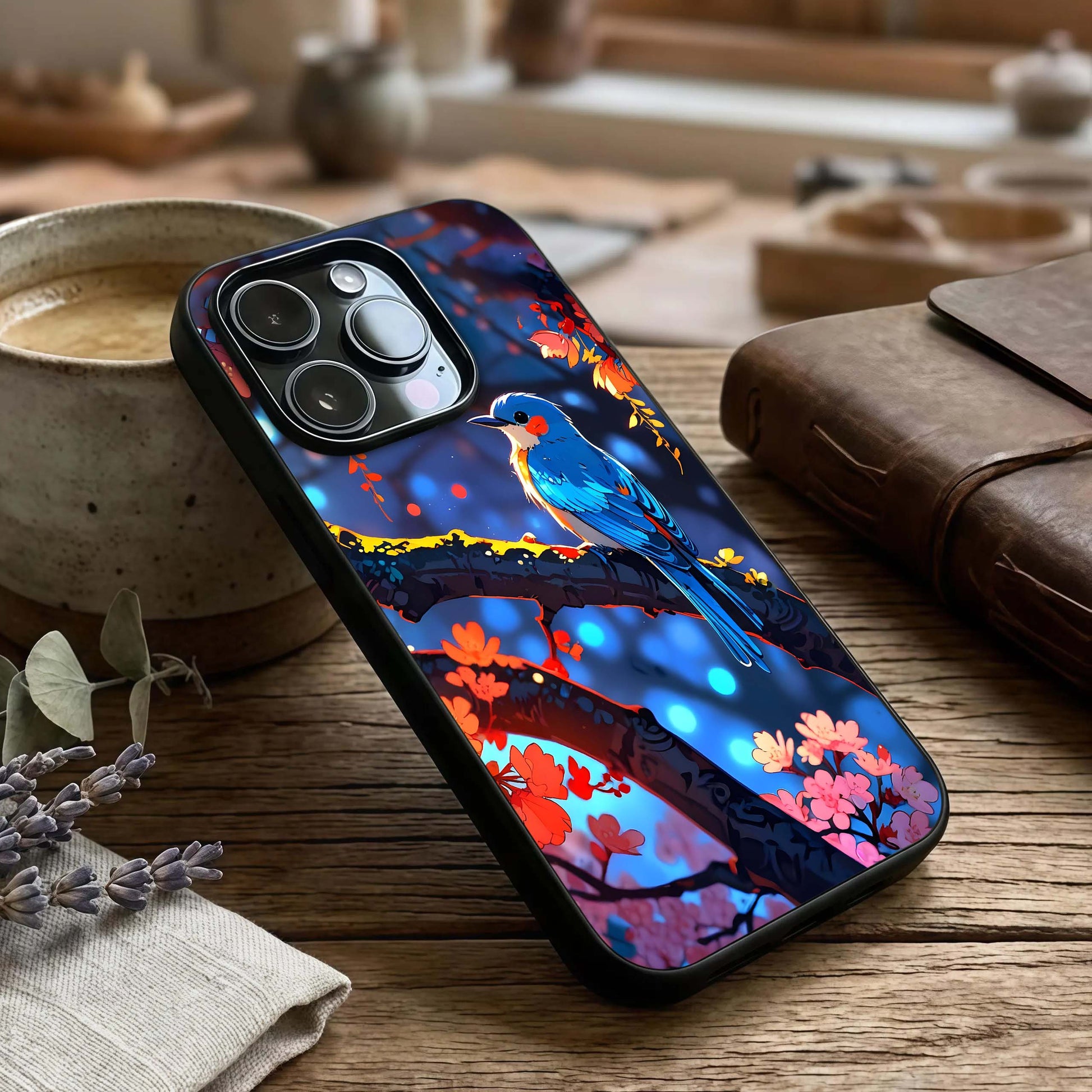 Blooming Spendor Bird Glass Case captured at a warm angle highlighting feather details, gloss, and edge clarity.