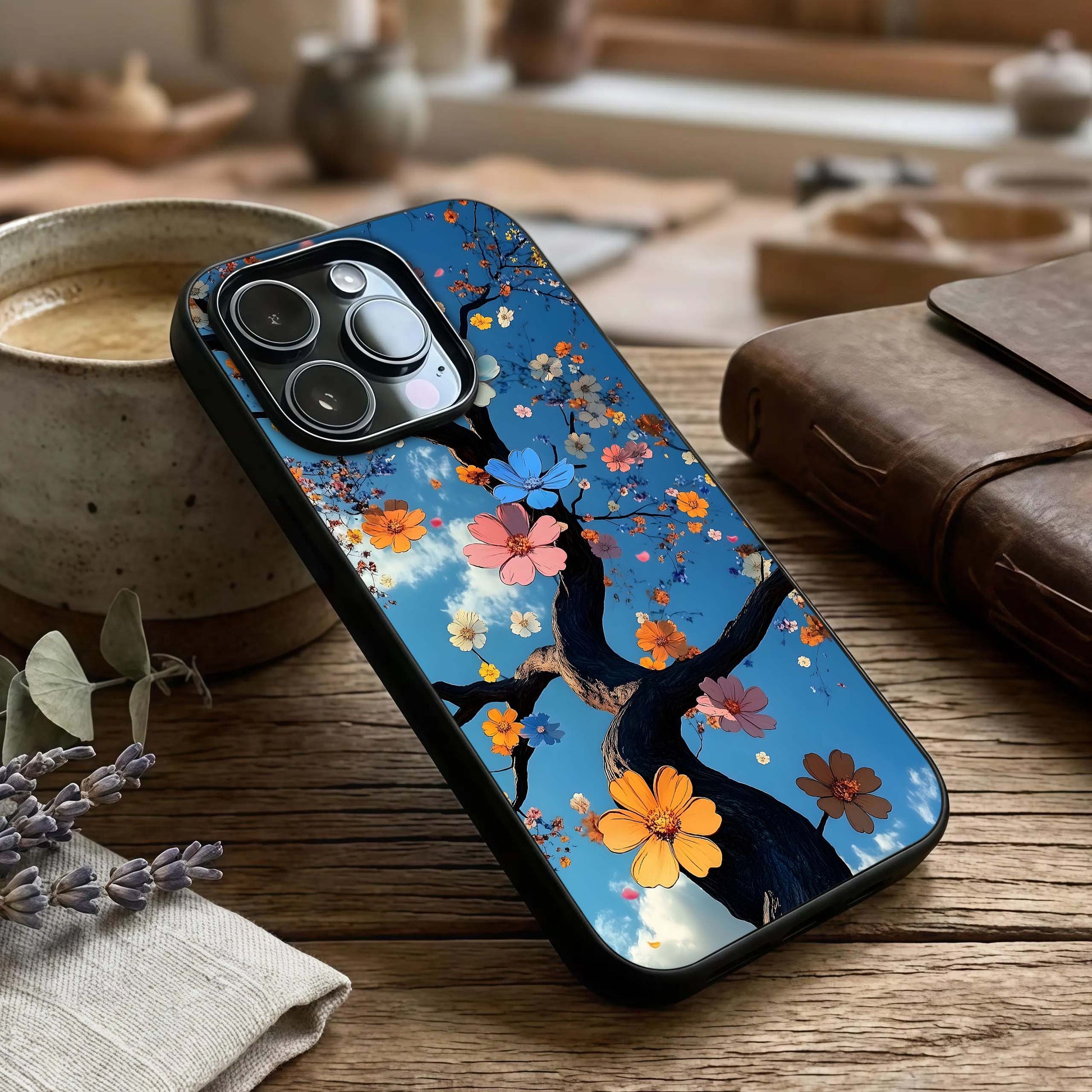 Blossom Dream Sky Glass Case captured at a warm angle highlighting soft gradients, gloss, and edge clarity.