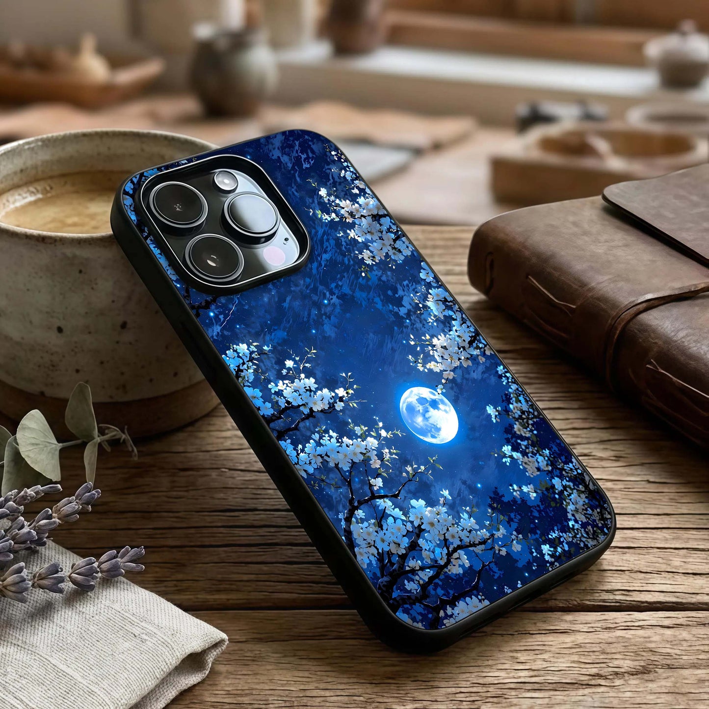 Blossom Moonlight Sky Glass Case captured at a warm angle highlighting night hues, gloss, and edge clarity.