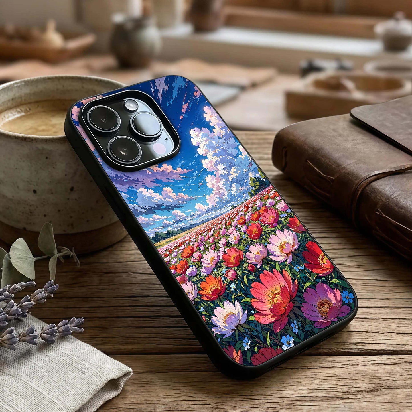 Blossom Sky Field Glass Case captured at a warm angle highlighting natural colors, gloss, and edge clarity.