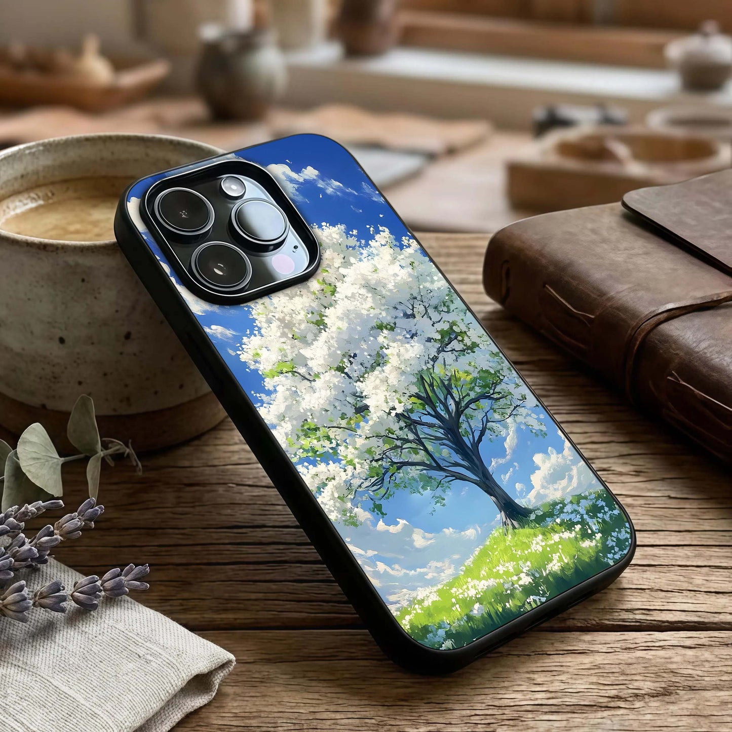 Blossom Sky Serenity Glass Case captured at a warm angle highlighting soft gradients, gloss, and edge clarity.