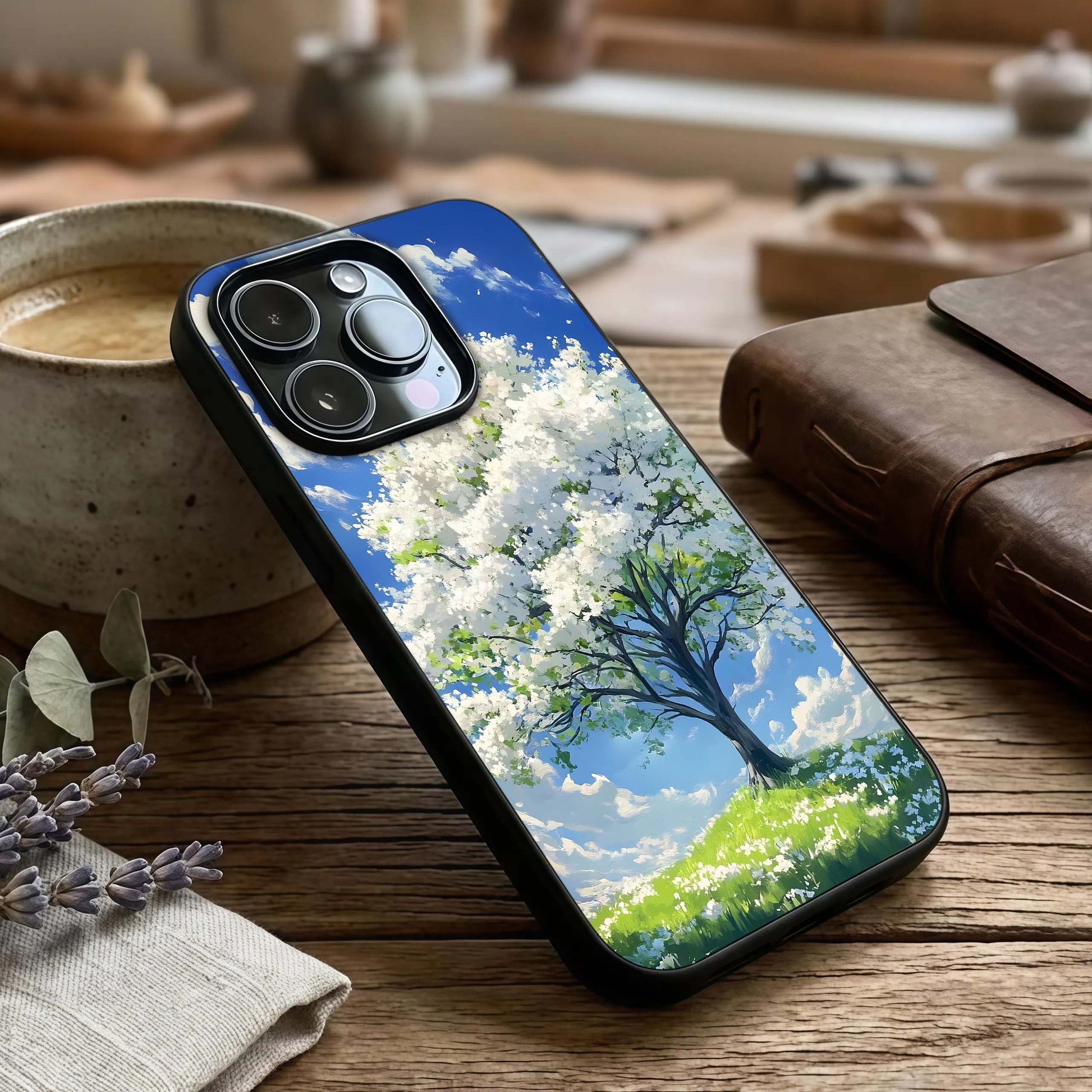 Blossom Sky Serenity Glass Case captured at a warm angle highlighting soft gradients, gloss, and edge clarity.