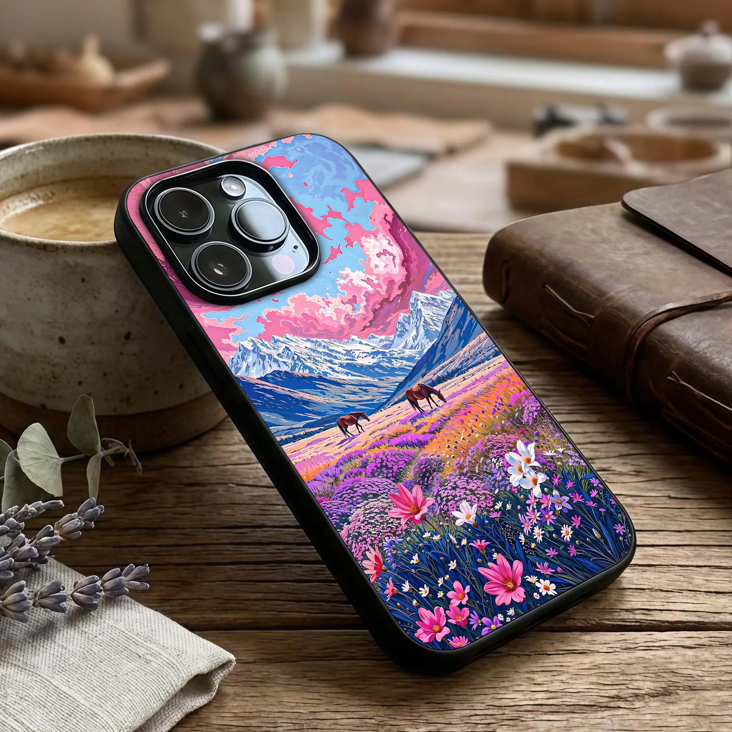 Blossom Valley Dream Glass Case captured at a warm angle highlighting landscape hues, gloss, and edge clarity.