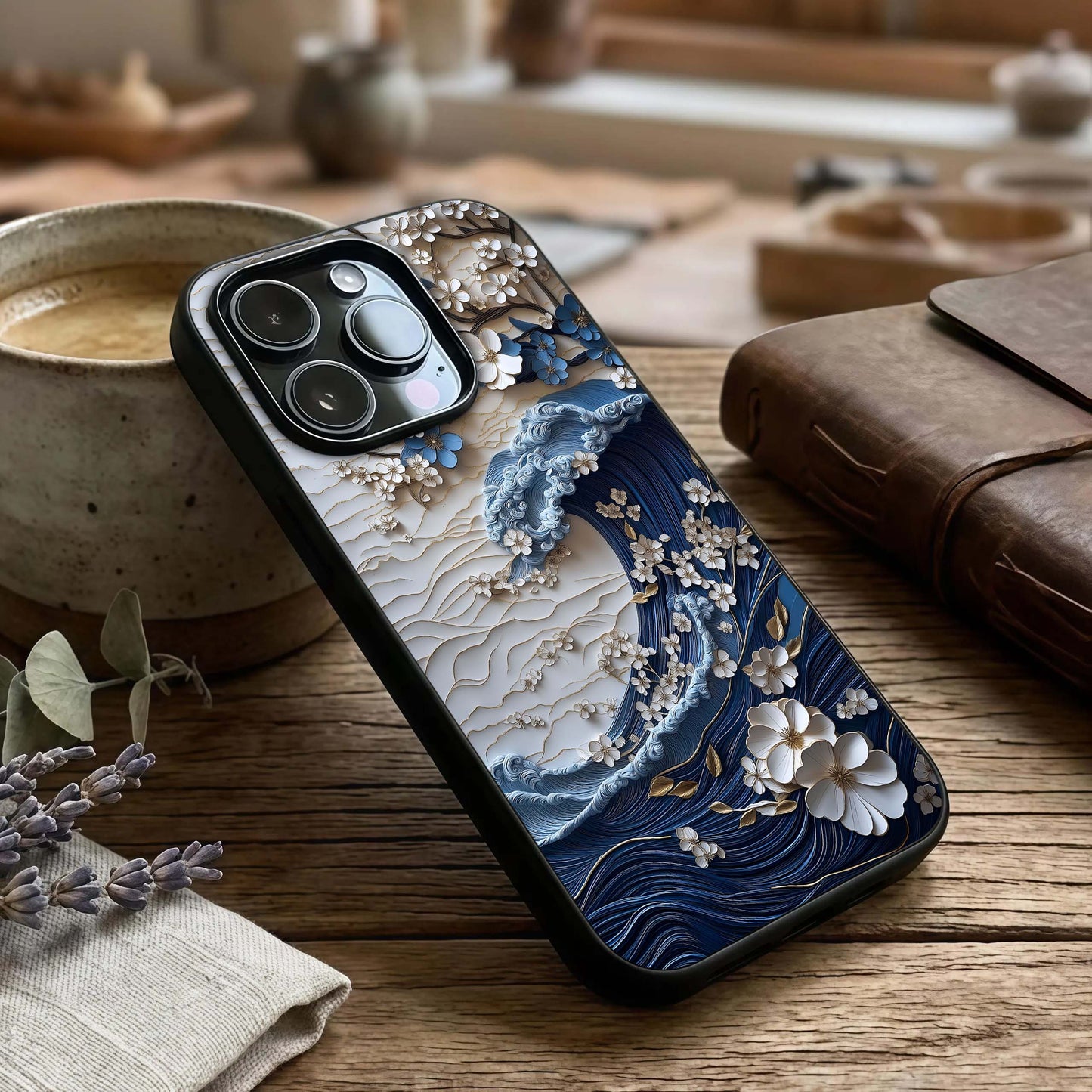 Blossom Wave Art Glass Case captured at a warm angle highlighting fluid motion, gloss, and edge clarity.
