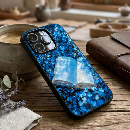 Blue Bloom Tales Glass Case captured at a warm angle highlighting gentle tones, gloss, and edge clarity.