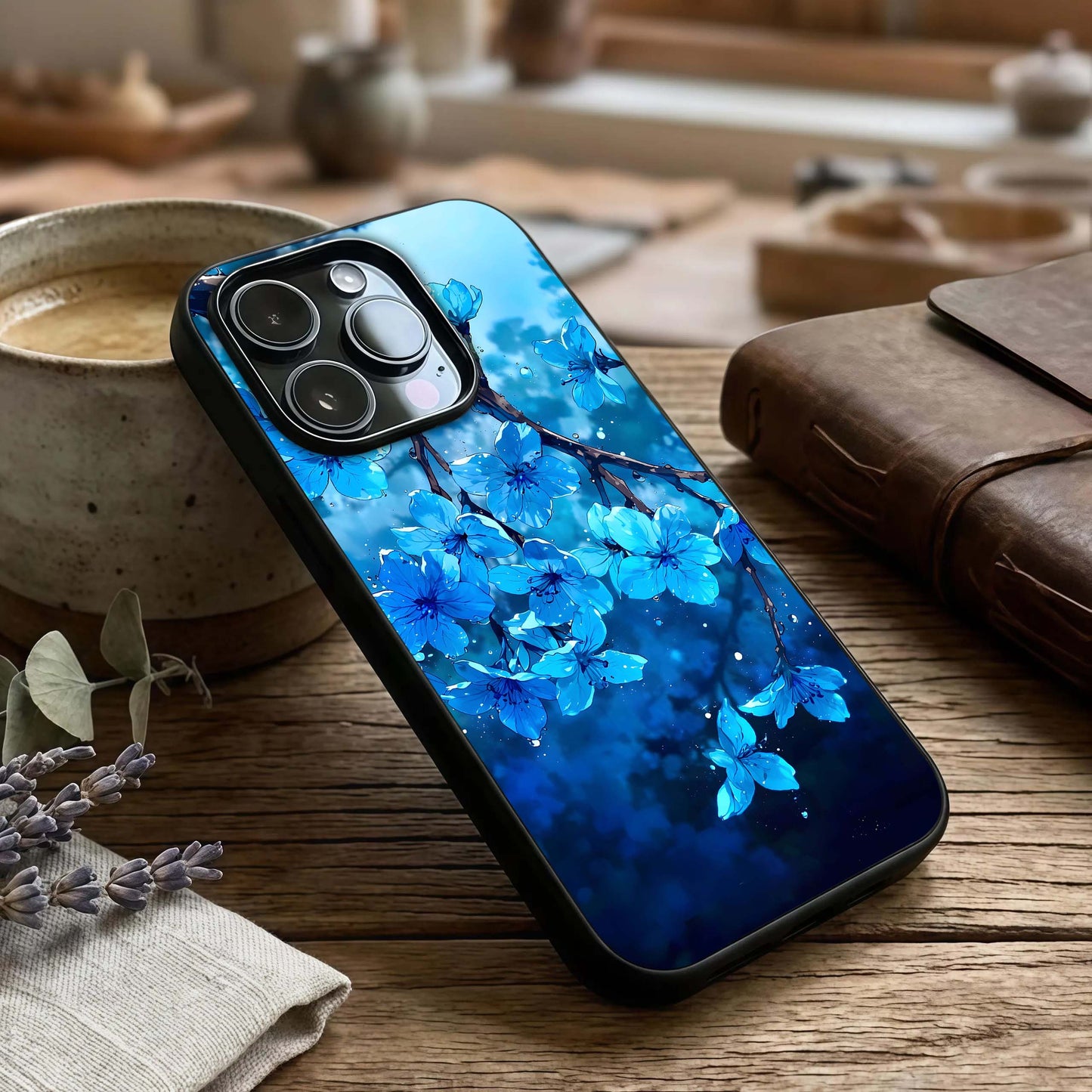 Blue Blossoms Branch Glass Case captured at a warm angle highlighting fine lines, gloss, and edge clarity.