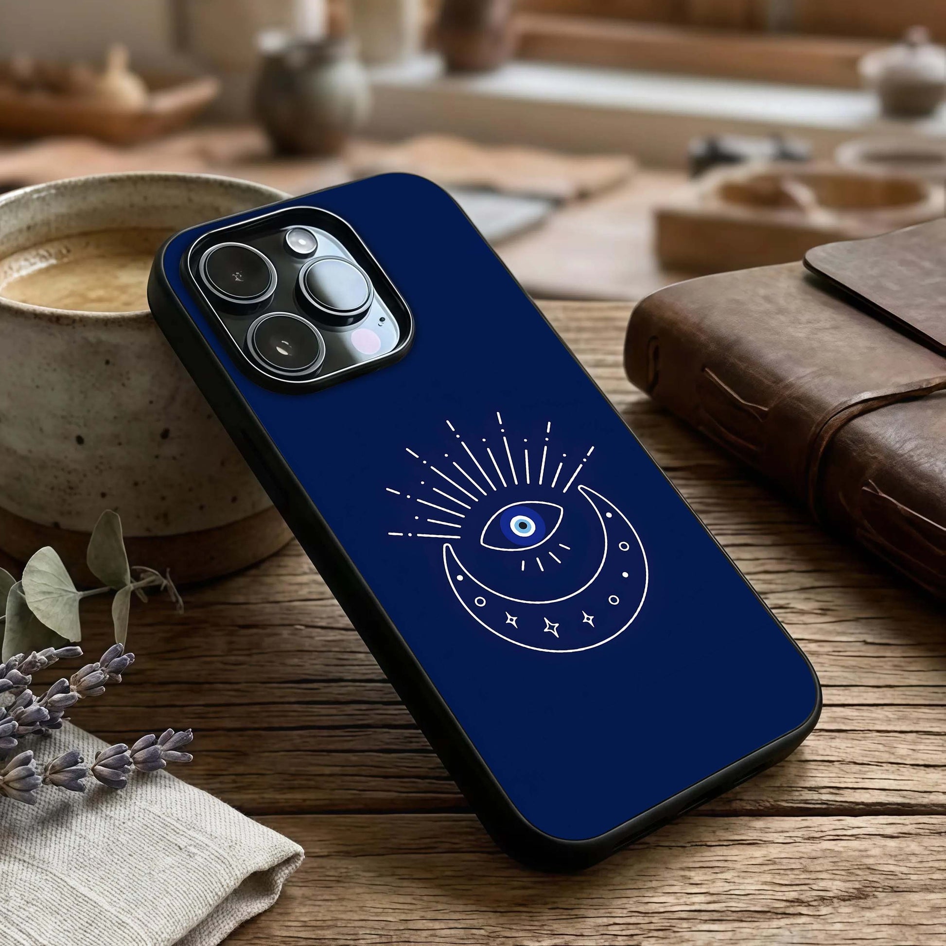 Blue Evil Eye Glass Case captured at a warm angle highlighting bold iconography, gloss, and edge clarity.