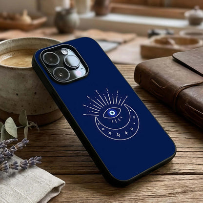 Blue Evil Eye Glass Case captured at a warm angle highlighting bold iconography, gloss, and edge clarity.