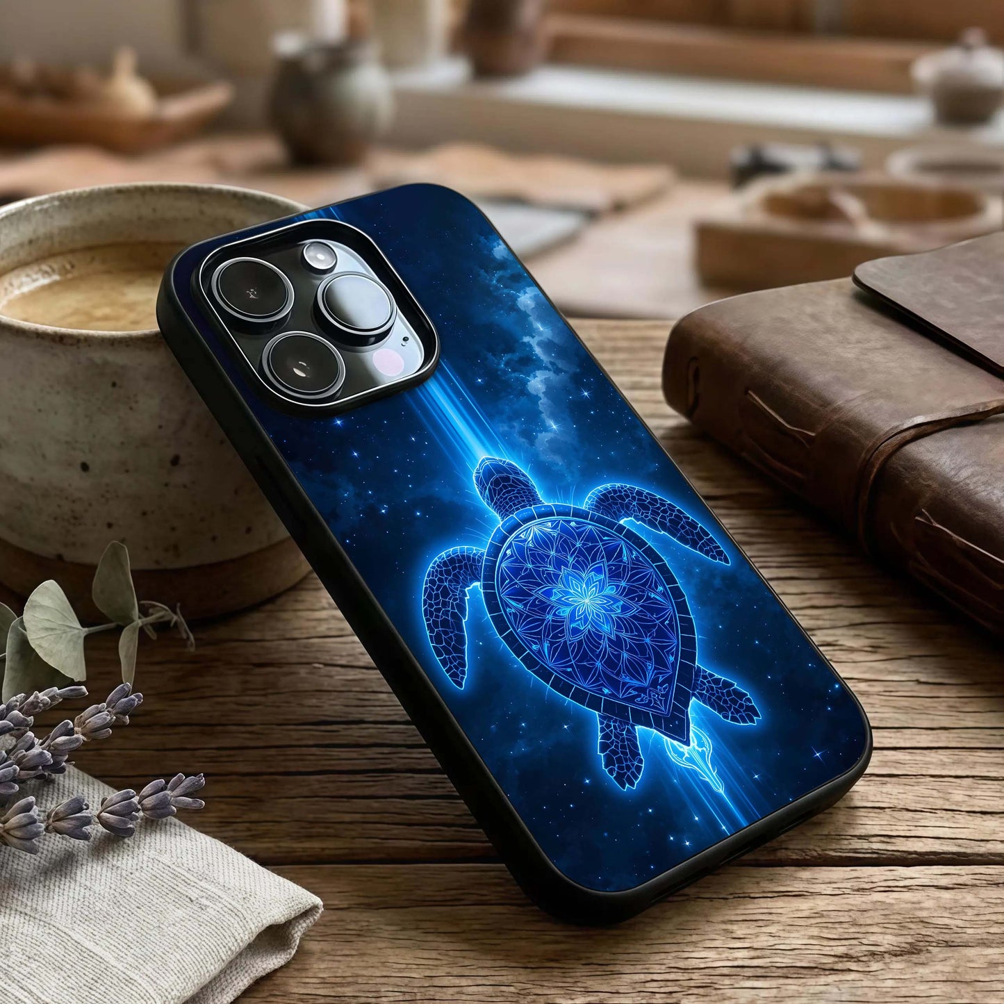 Blue Galaxy Turtle Glass Case captured at a warm angle highlighting galaxy textures, gloss, and edge clarity.