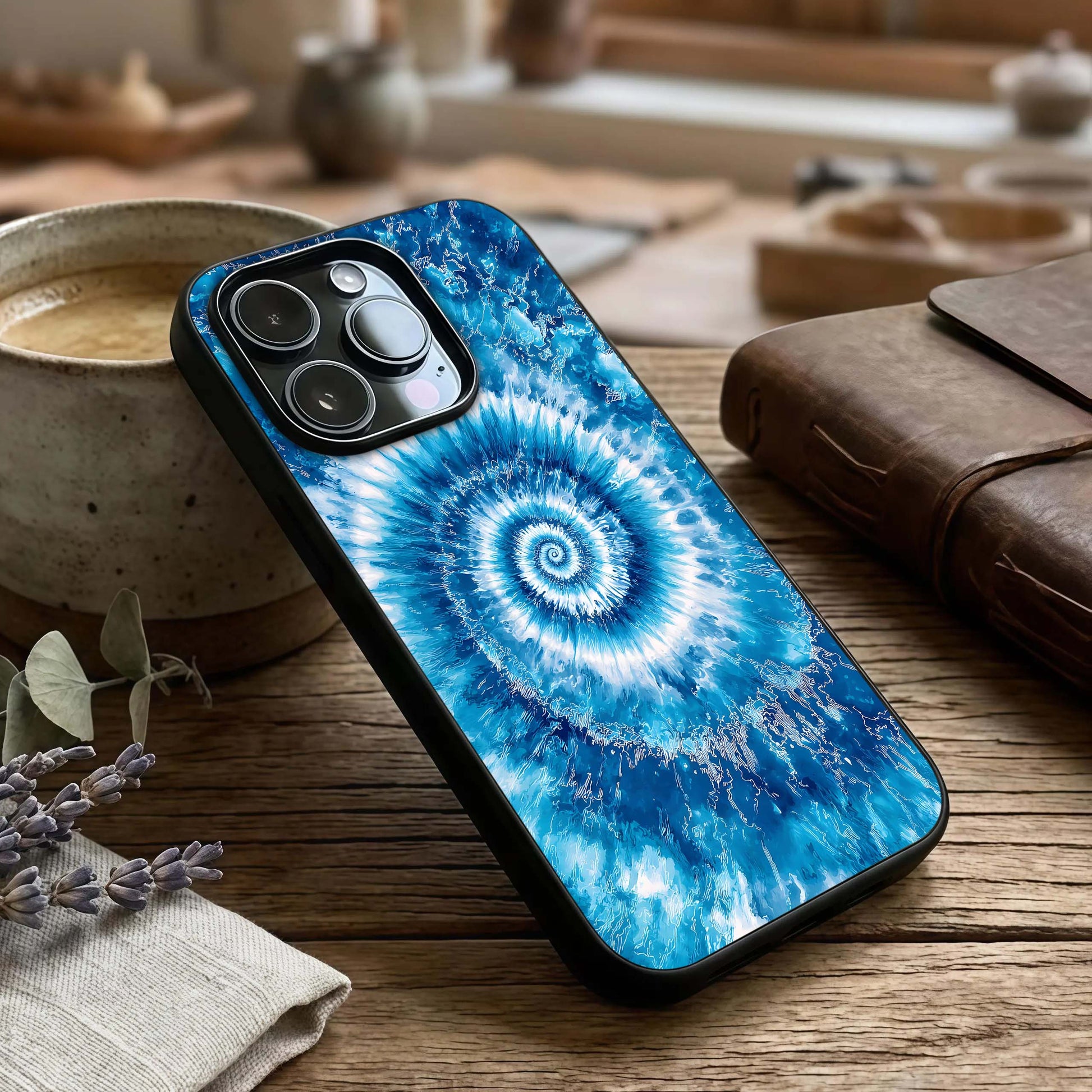 Blue Galaxy Wave Glass Case captured at a warm angle highlighting deep blues, gloss, and edge clarity.