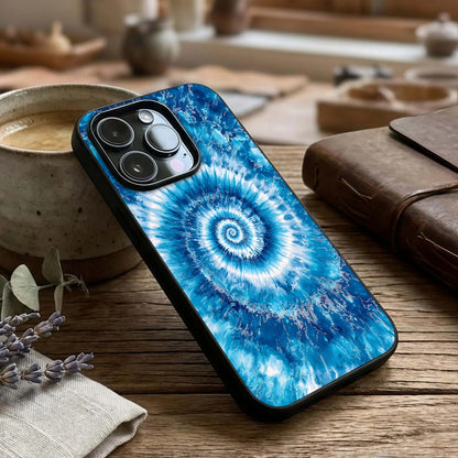 Blue Galaxy Wave Glass Case captured at a warm angle highlighting deep blues, gloss, and edge clarity.