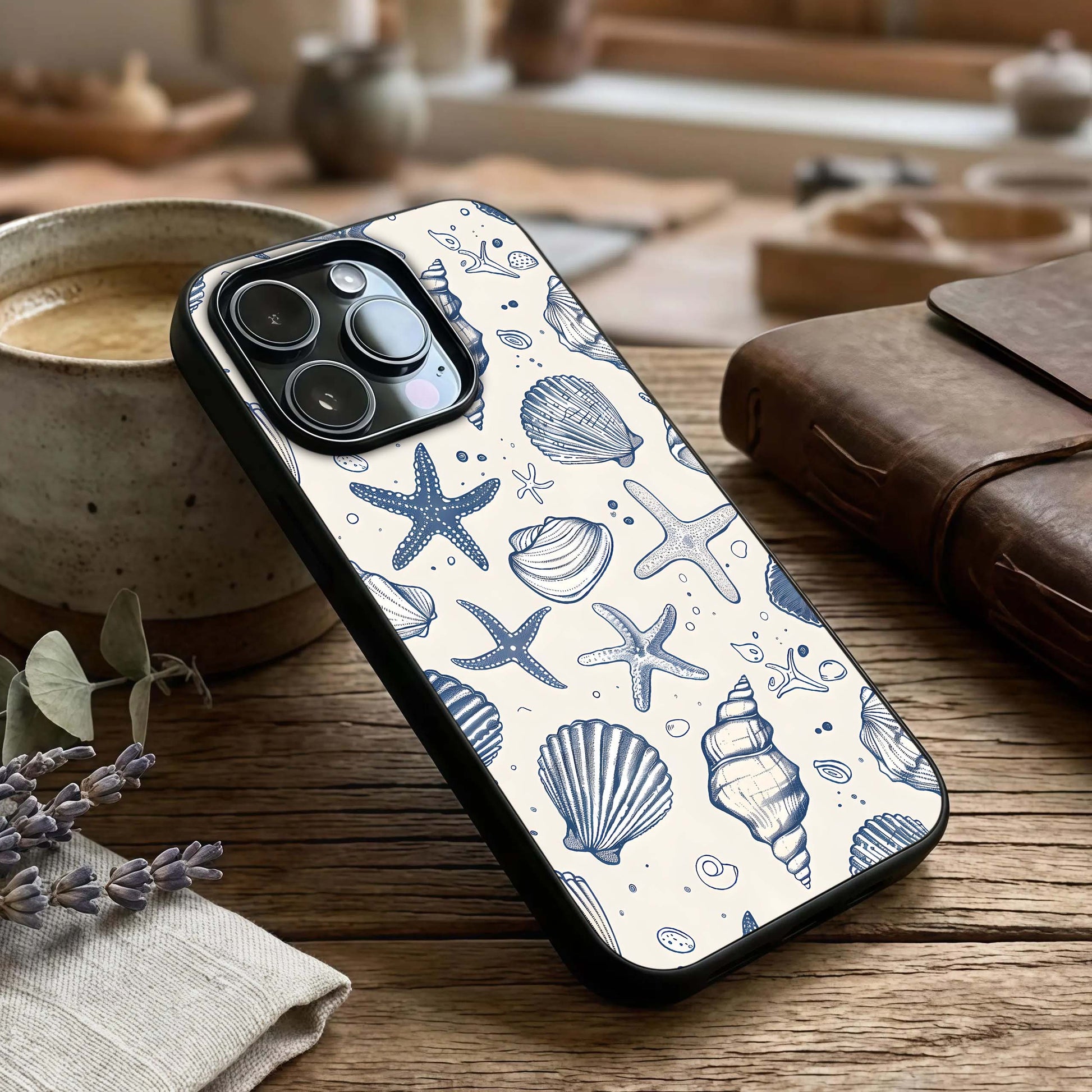 Blue Ocean Outline Glass Case captured at a warm angle highlighting clean outlines, gloss, and edge clarity.