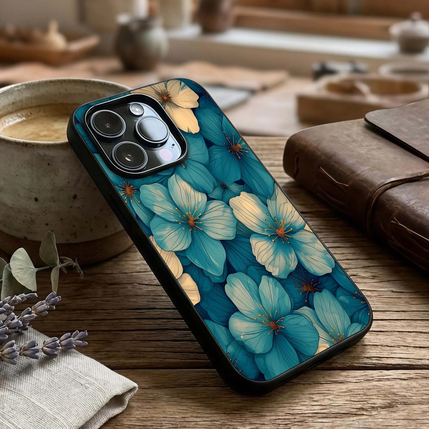Blue Shade Floral Glass Case captured at a warm angle highlighting tonal contrast, gloss, and edge clarity.