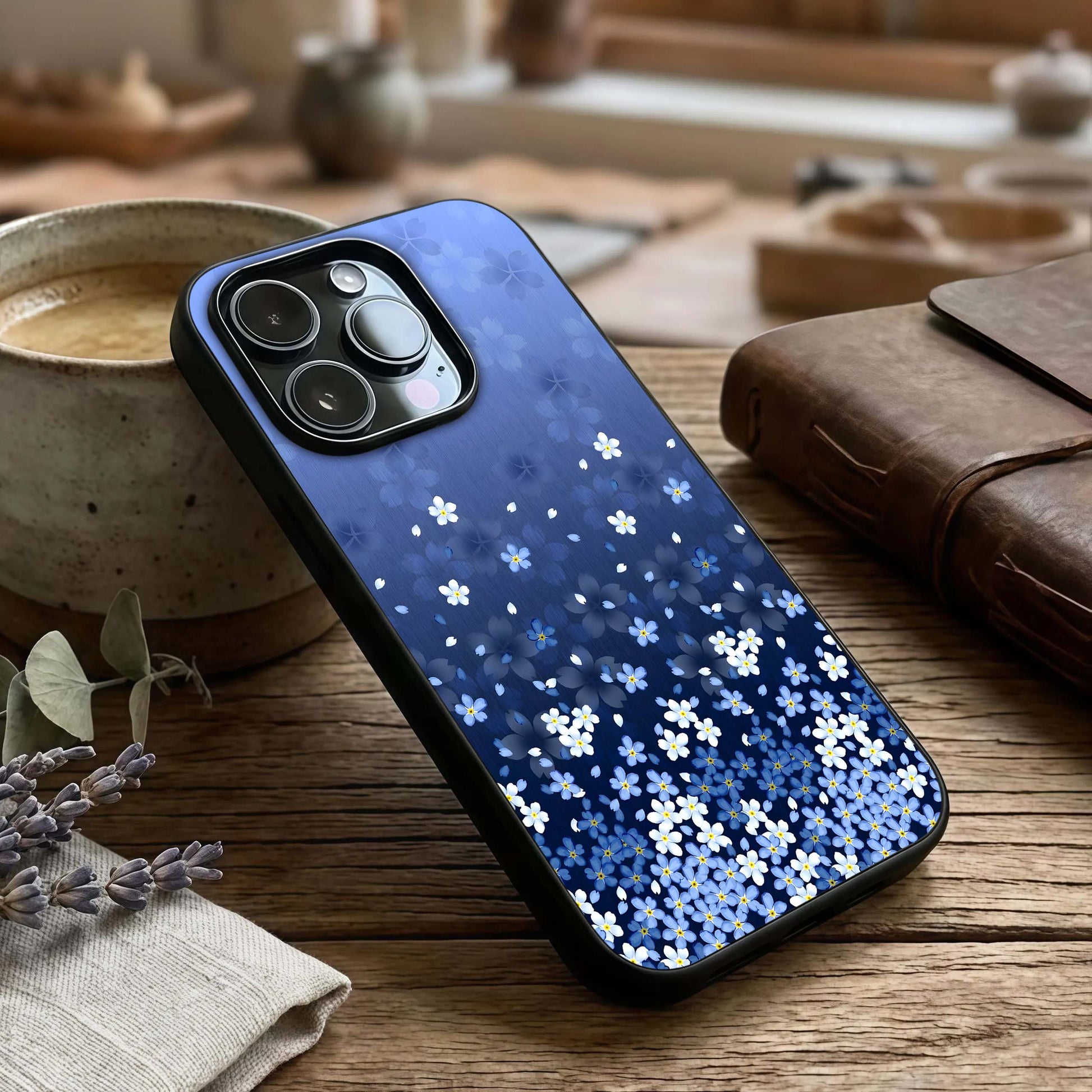 Blue Starry Glass Case captured at a warm angle highlighting night tones, gloss, and edge clarity.