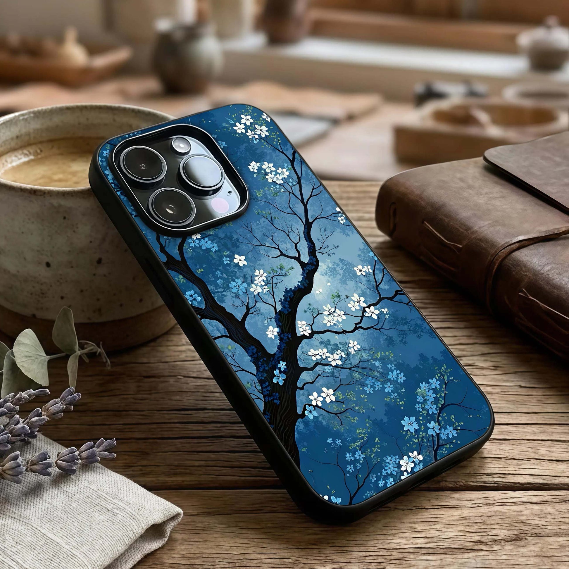 Blue Tree Serenity Glass Case captured at a warm angle highlighting calm textures, gloss, and edge clarity.