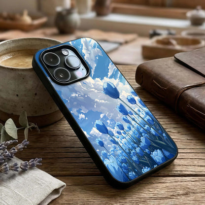 Blue Tulip Clouds Glass Case captured at a warm angle highlighting soft transitions, gloss, and edge clarity.