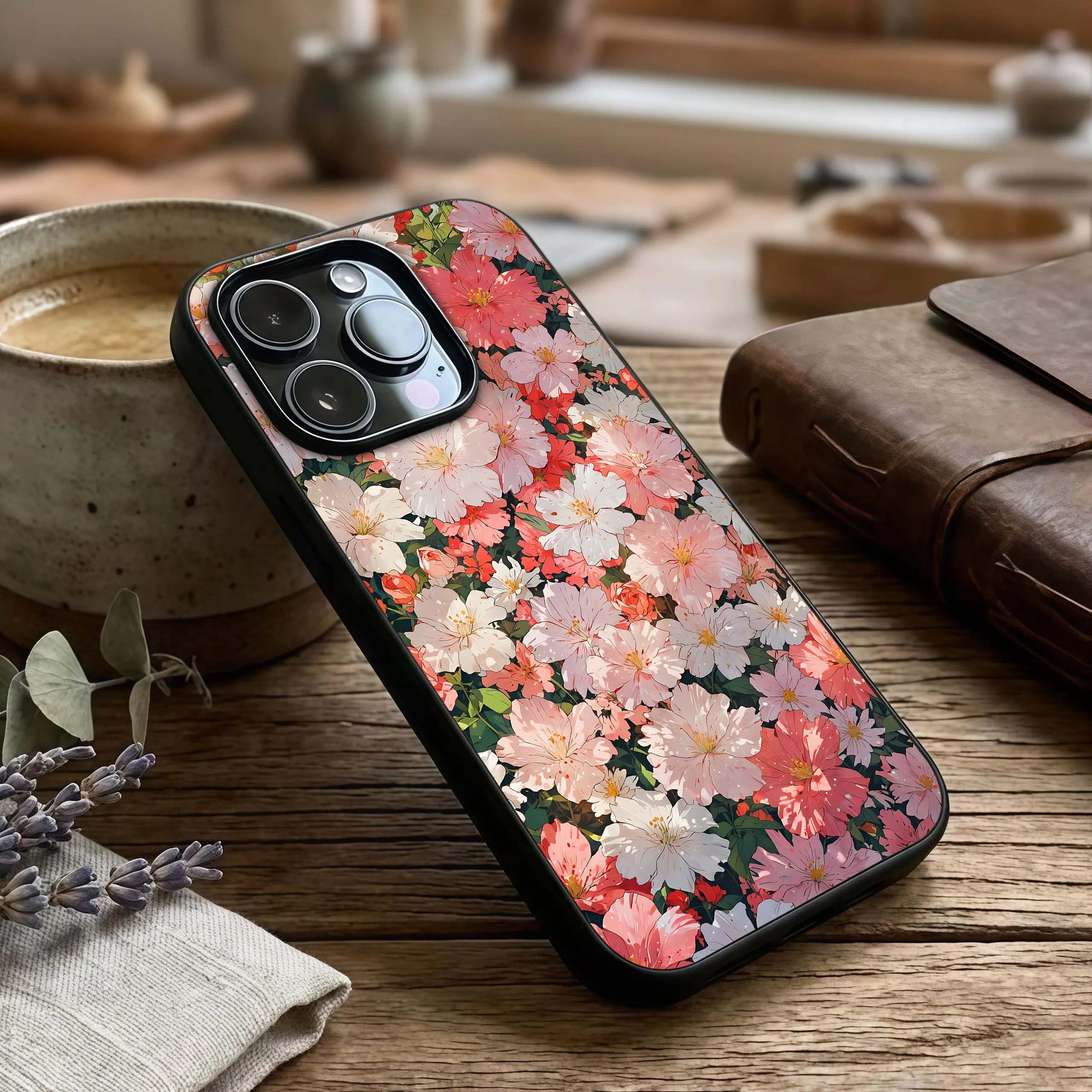 Blush Bloom Field Glass Case captured at a warm angle highlighting soft hues, gloss, and edge clarity.