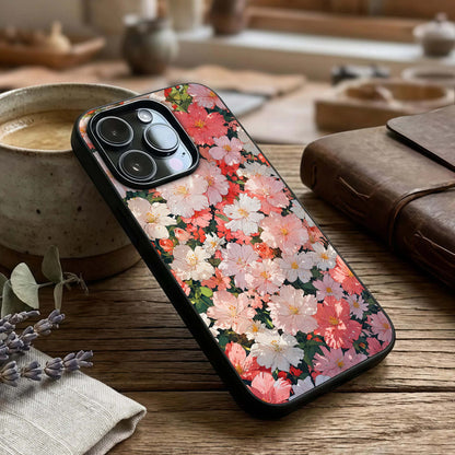 Blush Bloom Field Glass Case captured at a warm angle highlighting soft hues, gloss, and edge clarity.