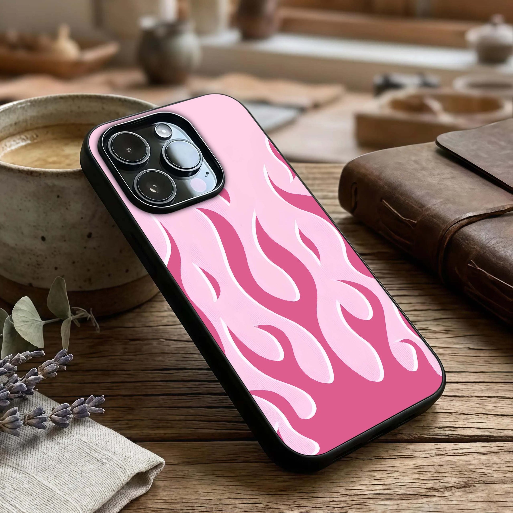 Blush Flame Energy Glass Case captured at a warm angle highlighting bold motion, gloss, and edge clarity.