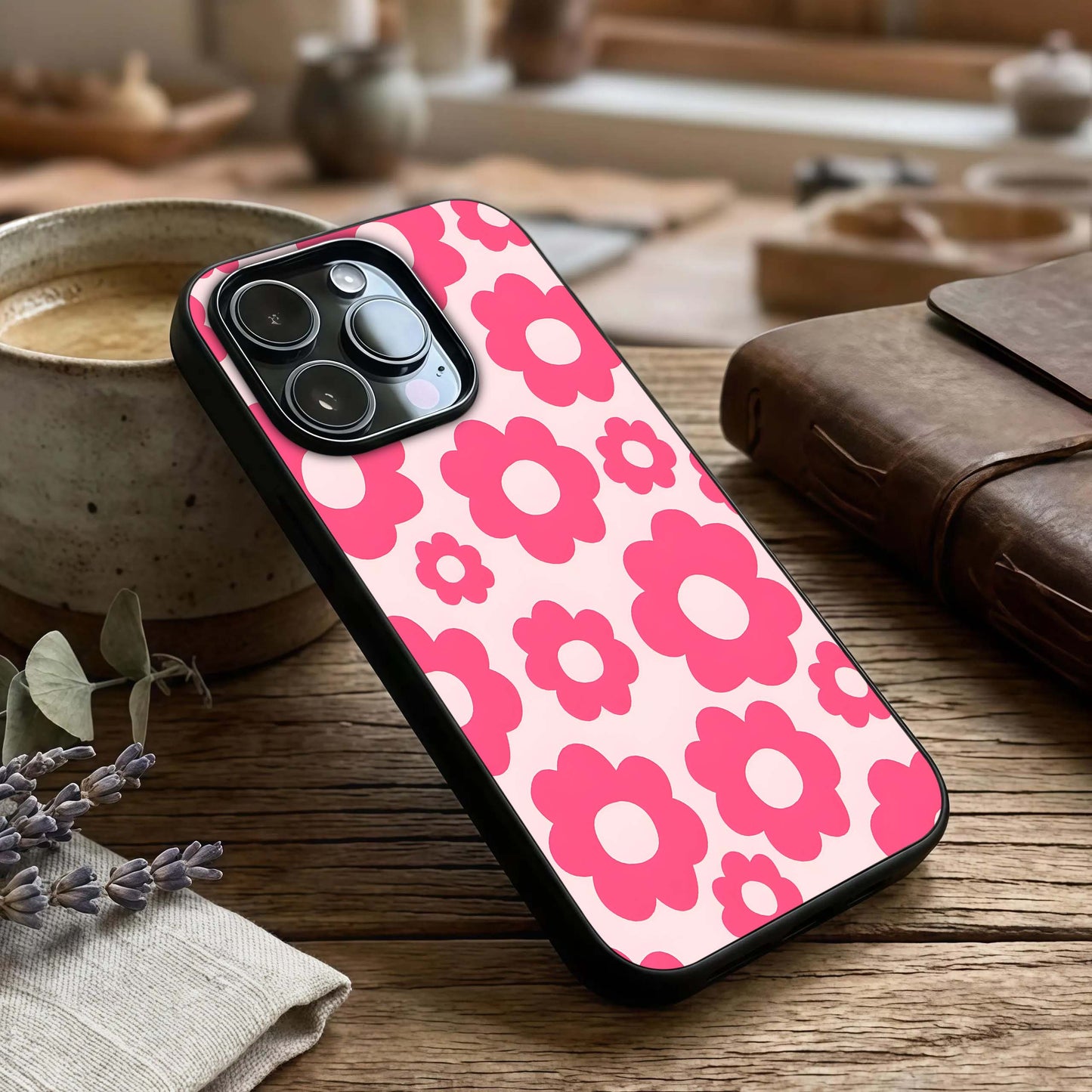 Blush Flower Pop Glass Case captured at a warm angle highlighting vivid colors, gloss, and edge clarity.