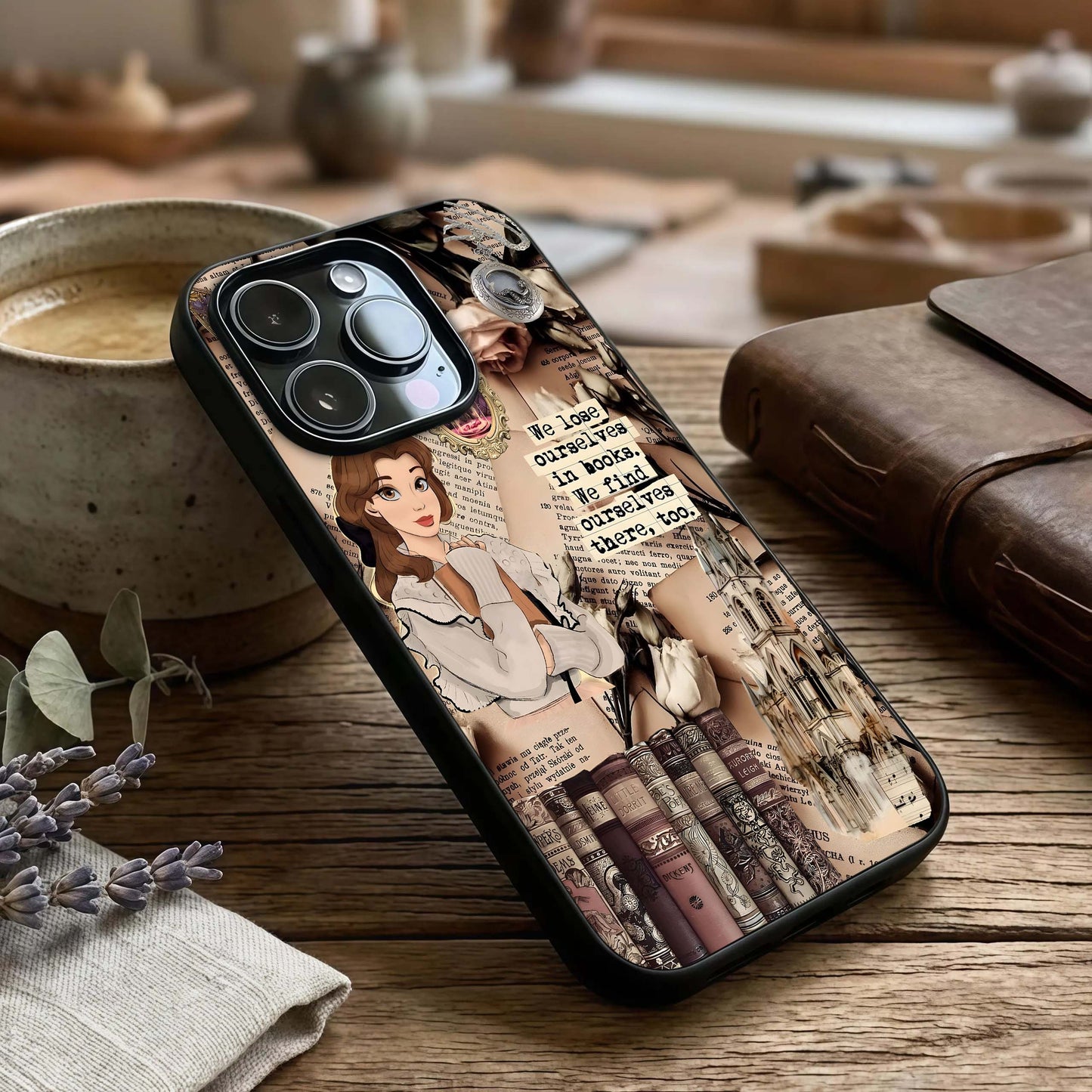 Bookish Dream World Glass Case captured at a warm angle highlighting story-rich details, gloss, and edge clarity.