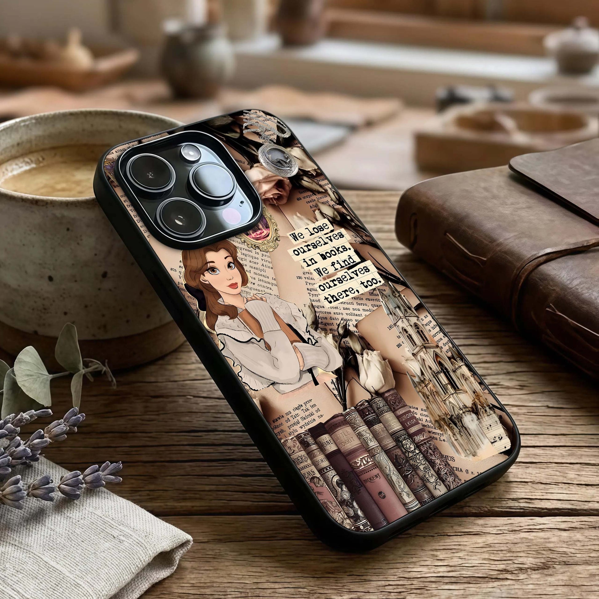 Bookish Dream World Glass Case captured at a warm angle highlighting story-rich details, gloss, and edge clarity.