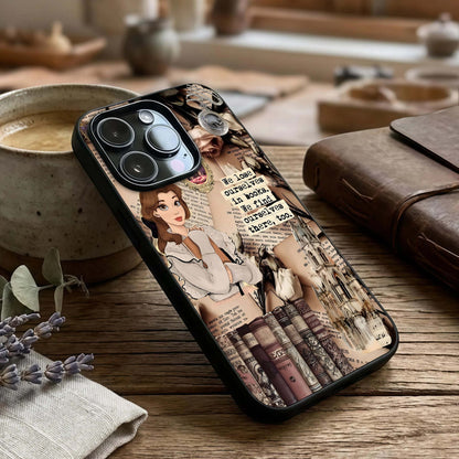 Bookish Dream World Glass Case captured at a warm angle highlighting story-rich details, gloss, and edge clarity.