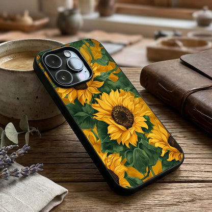 Bright Sunflower Bloom Glass Case captured at a warm angle highlighting rich petals, gloss, and edge clarity.