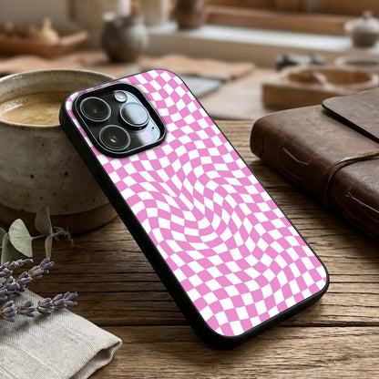Bubblegum Check Wave Glass Case captured at a warm angle highlighting fun curves, gloss, and edge clarity.