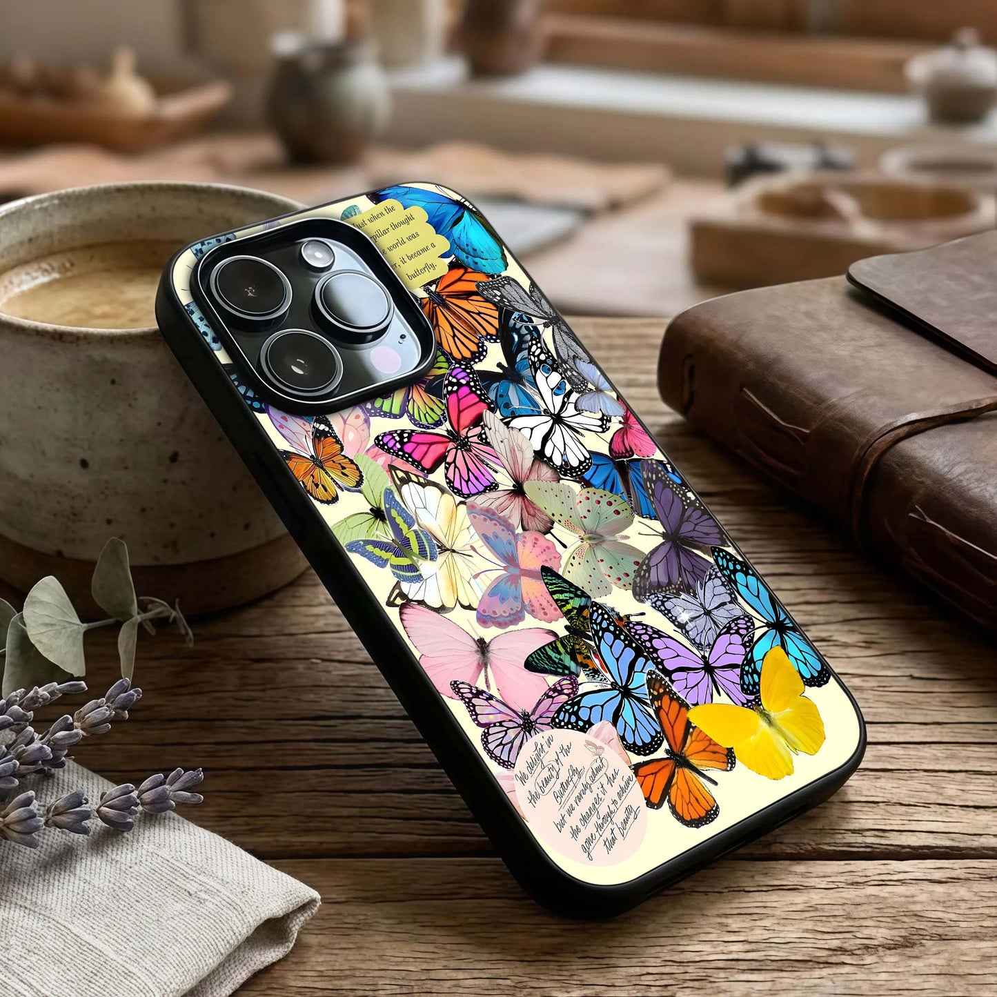 Butterflies Petal Dream Glass Case captured at a warm angle highlighting gentle florals, gloss, and edge clarity.