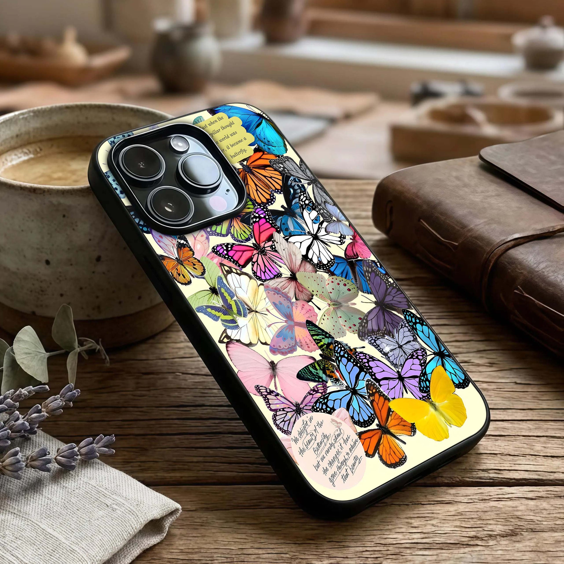 Butterflies Petal Dream Glass Case captured at a warm angle highlighting gentle florals, gloss, and edge clarity.